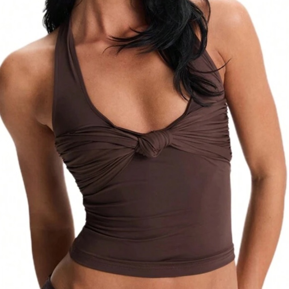 Elegant Brown Halter Top with Ruched Bow - Picture 4 of 4